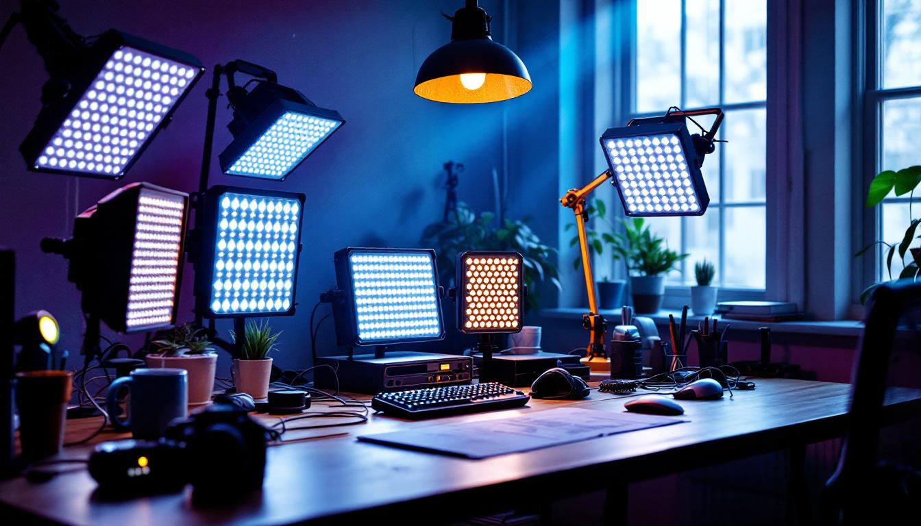 A photograph of a well-lit workspace featuring various led light packs in use