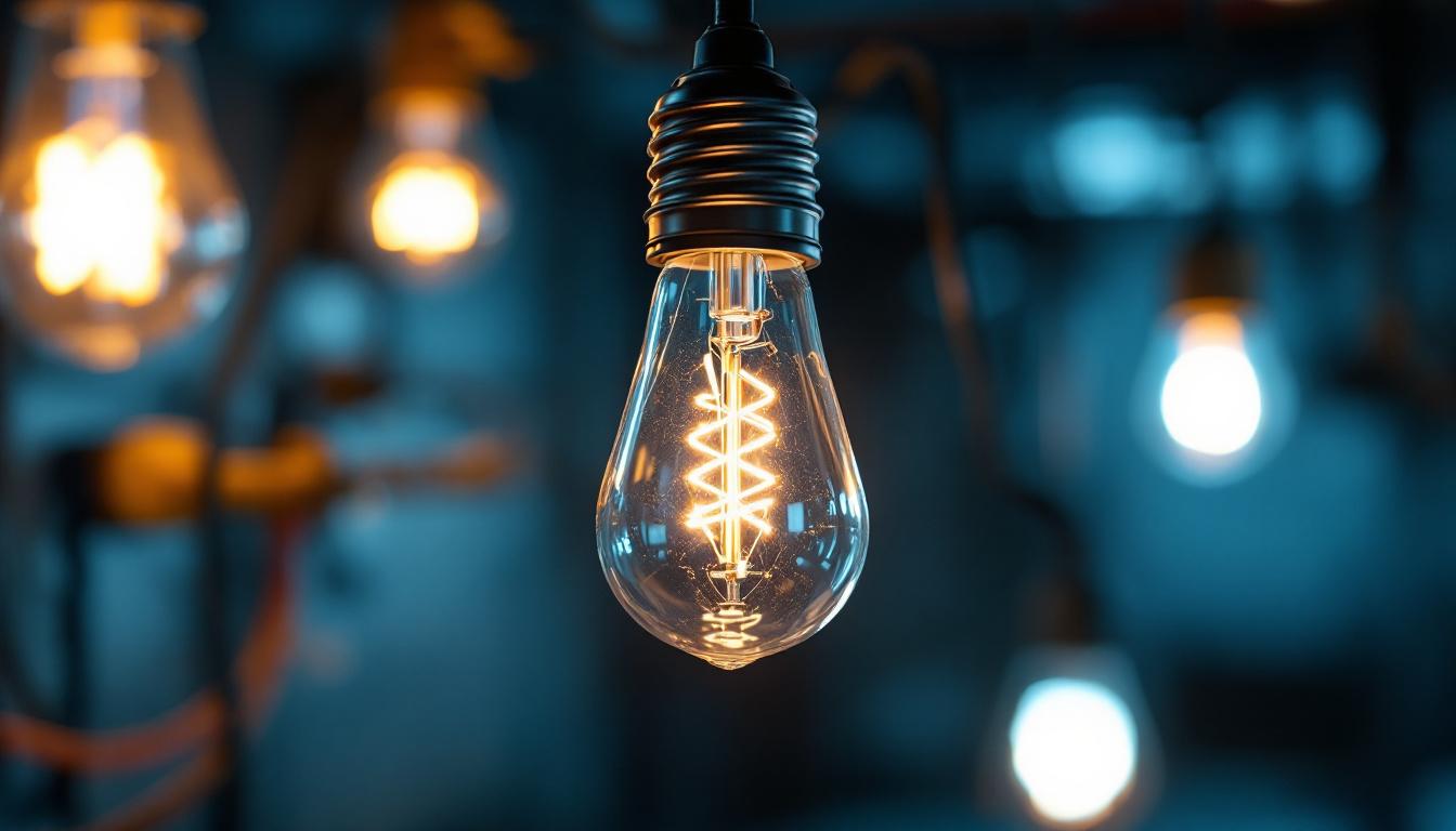 A photograph of a close-up shot of a 120v led lamp illuminated in a modern electrical setting