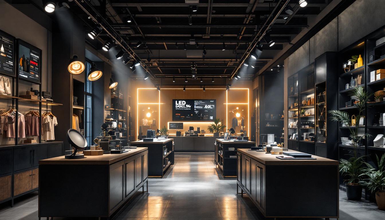 A photograph of a well-lit retail space showcasing a comparison between industrial and commercial led spotlights