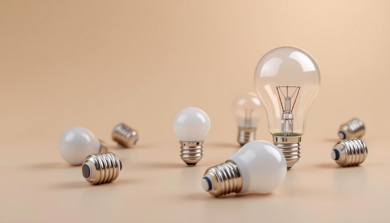 A photograph of a close-up of various light bulb bases arranged on a clean