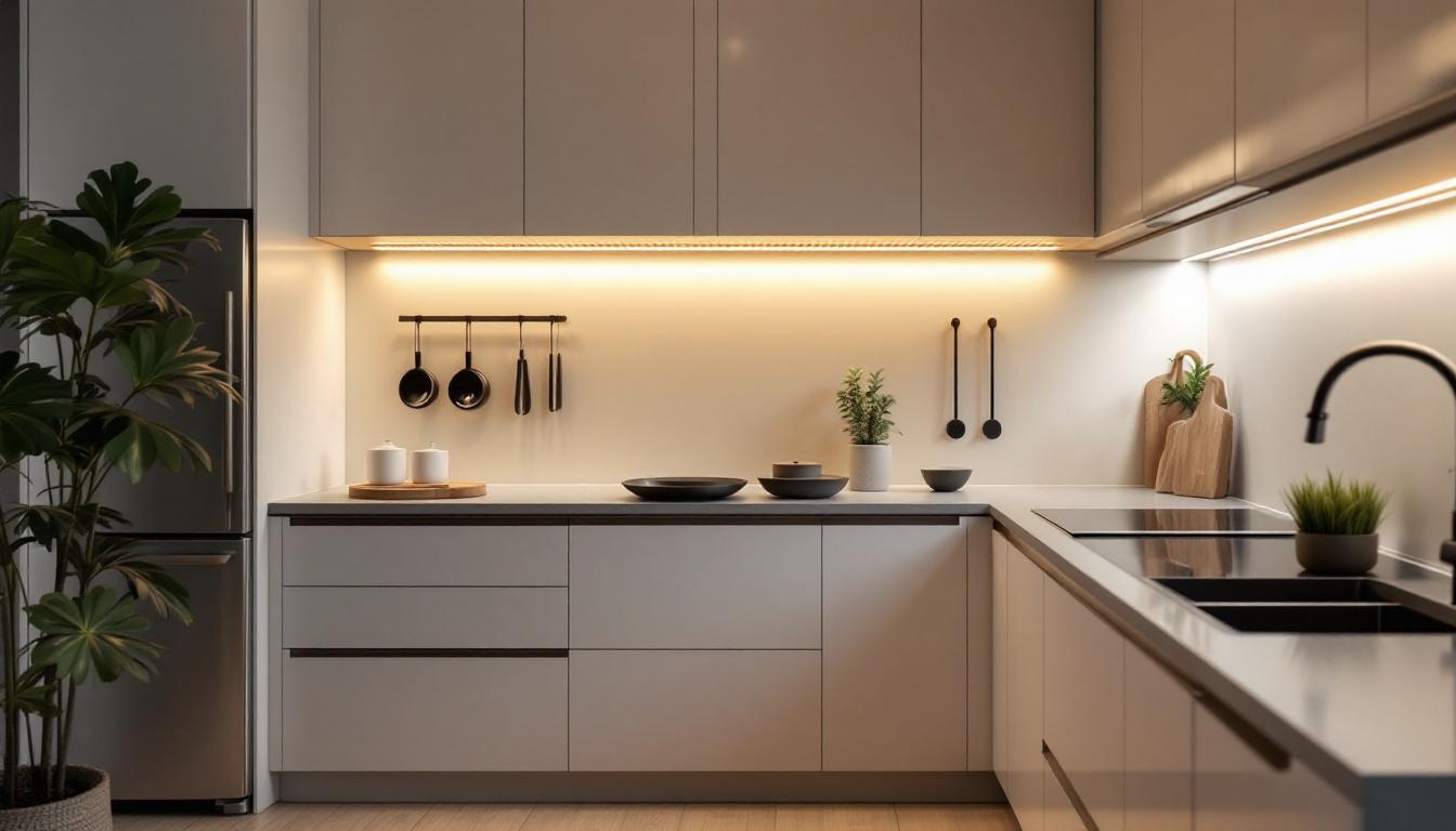 A photograph of a modern kitchen showcasing sleek under cabinet lighting