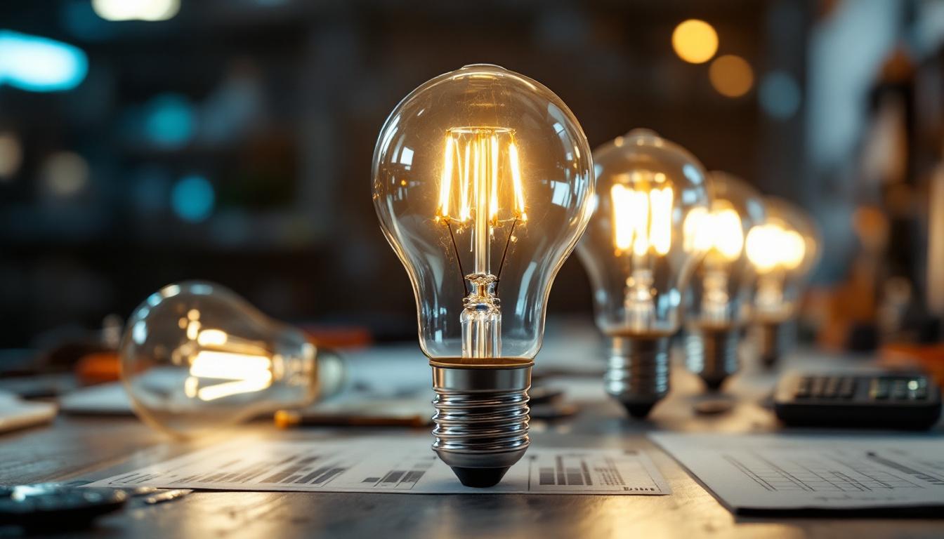 A photograph of a close-up shot of high-definition light bulbs illuminated in a well-lit workspace