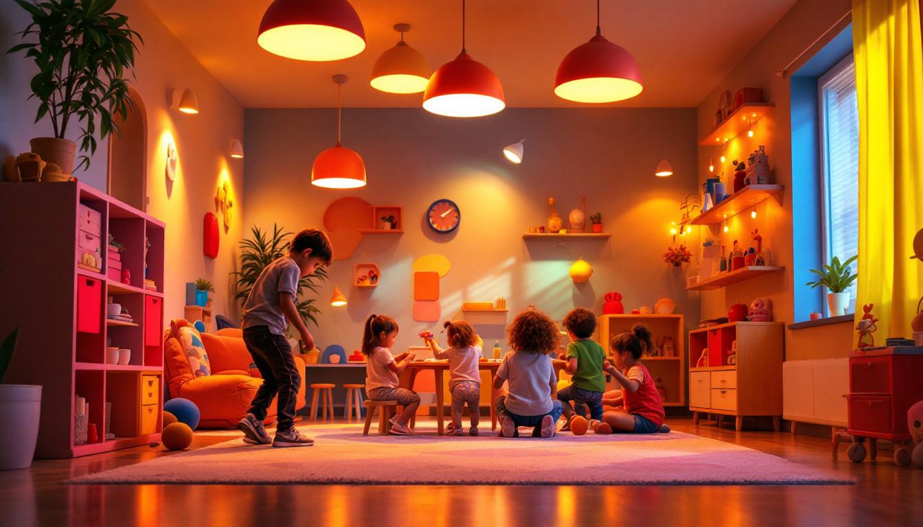 A photograph of a brightly lit playroom featuring modern ceiling lights