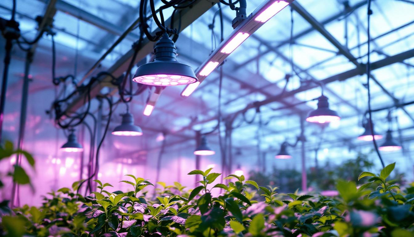 A photograph of a well-lit greenhouse interior showcasing various electrical lighting systems in action