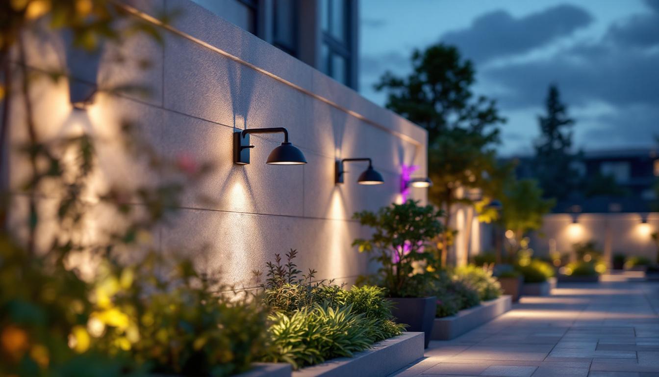 A photograph of a beautifully illuminated outdoor space featuring various stylish light fixtures that enhance the ambiance and functionality of the area