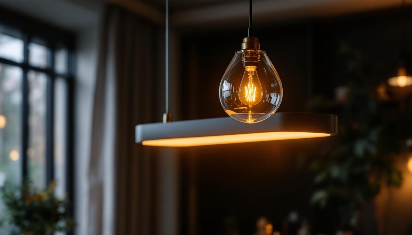 A photograph of a stylish long pendant light hanging gracefully in a modern interior setting