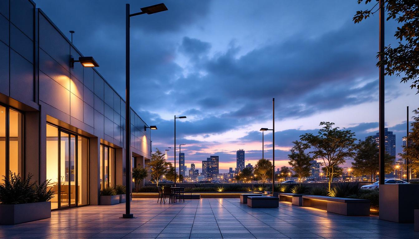 A photograph of a modern outdoor space illuminated by both industrial and commercial solar-powered lights