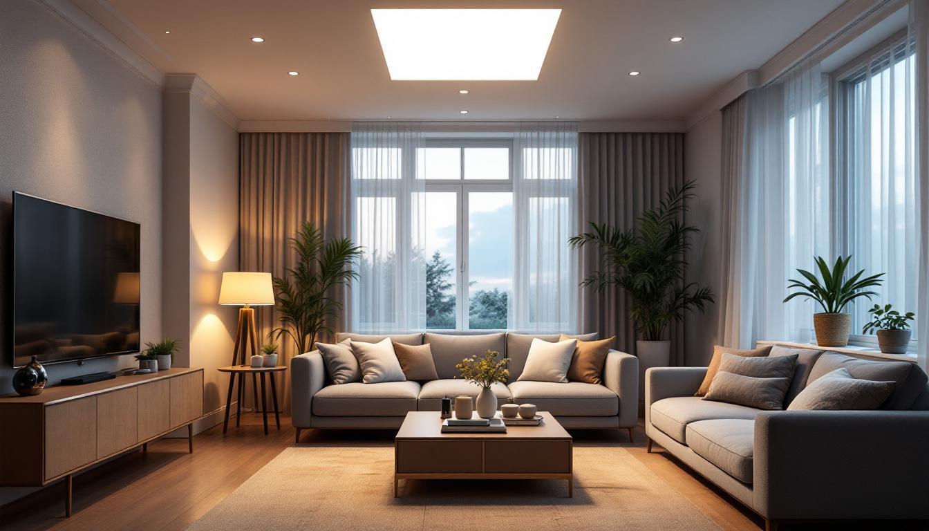 A photograph of a beautifully lit room featuring square recessed lights