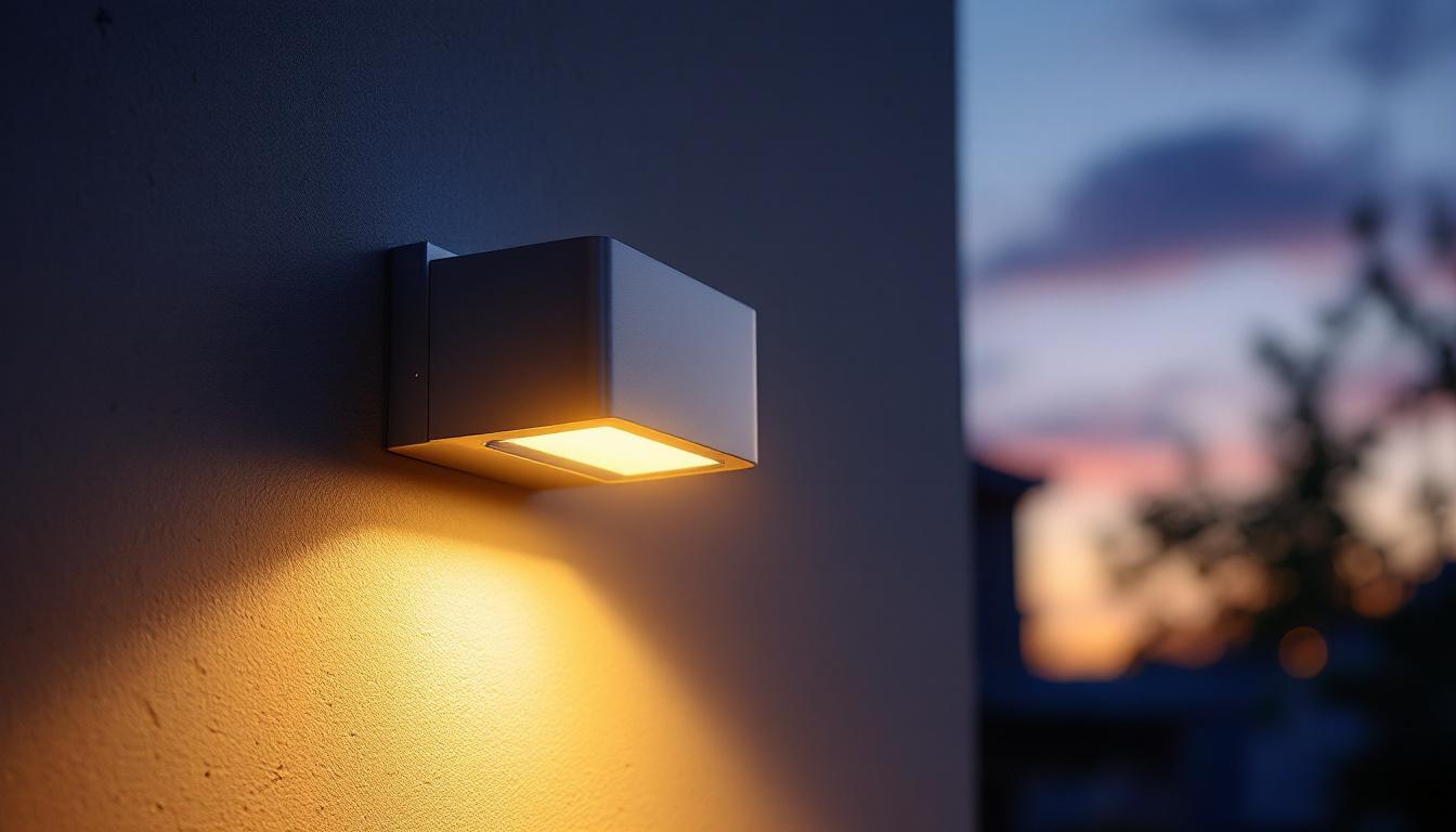 A photograph of a well-lit outdoor wall pack fixture installed on a building facade during dusk