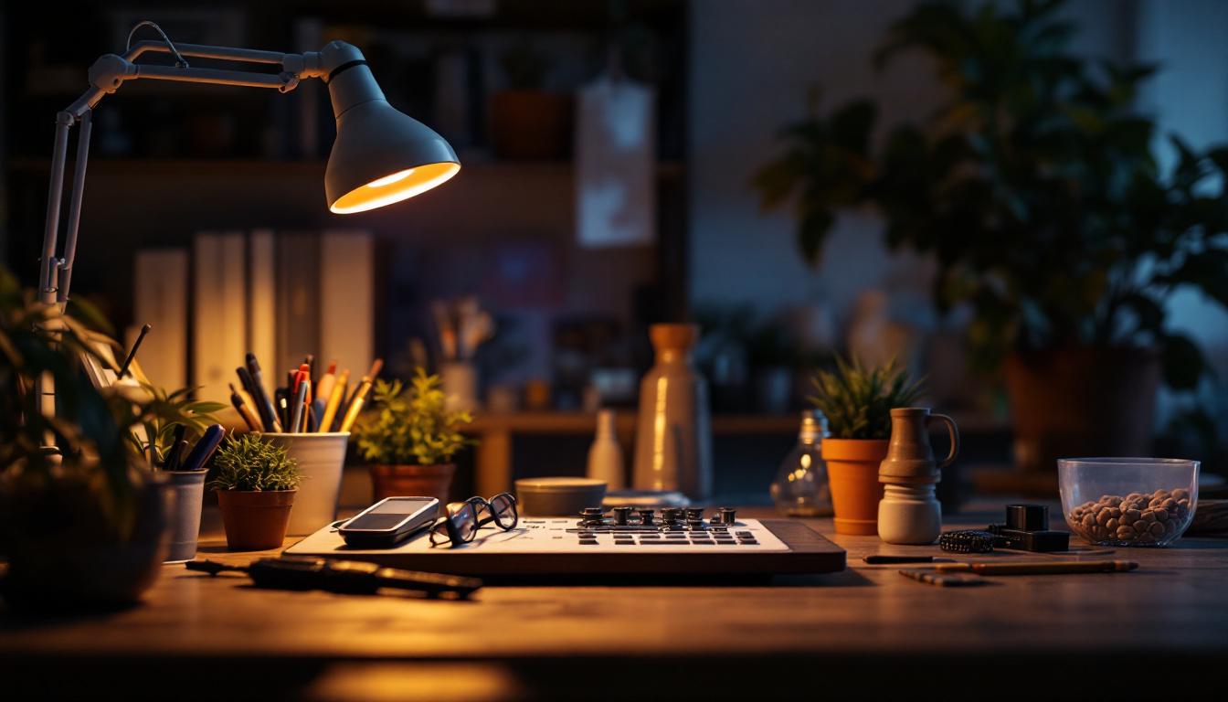 A photograph of a well-lit workspace featuring a uv disinfection lamp in action