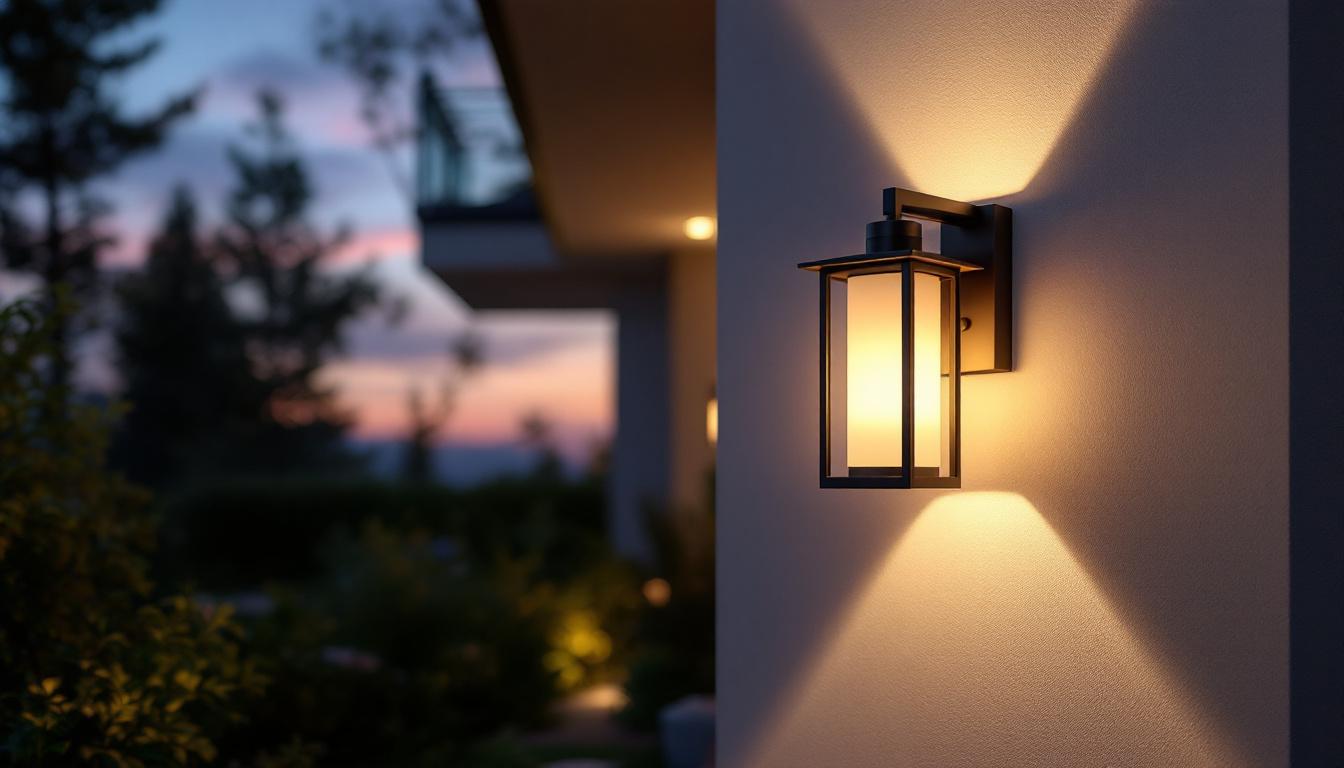 A photograph of a beautifully designed outdoor wall lamp or sconce illuminated at dusk