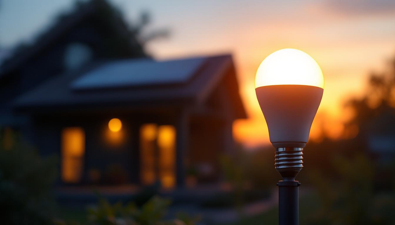 A photograph of a solar bulb illuminated at dusk