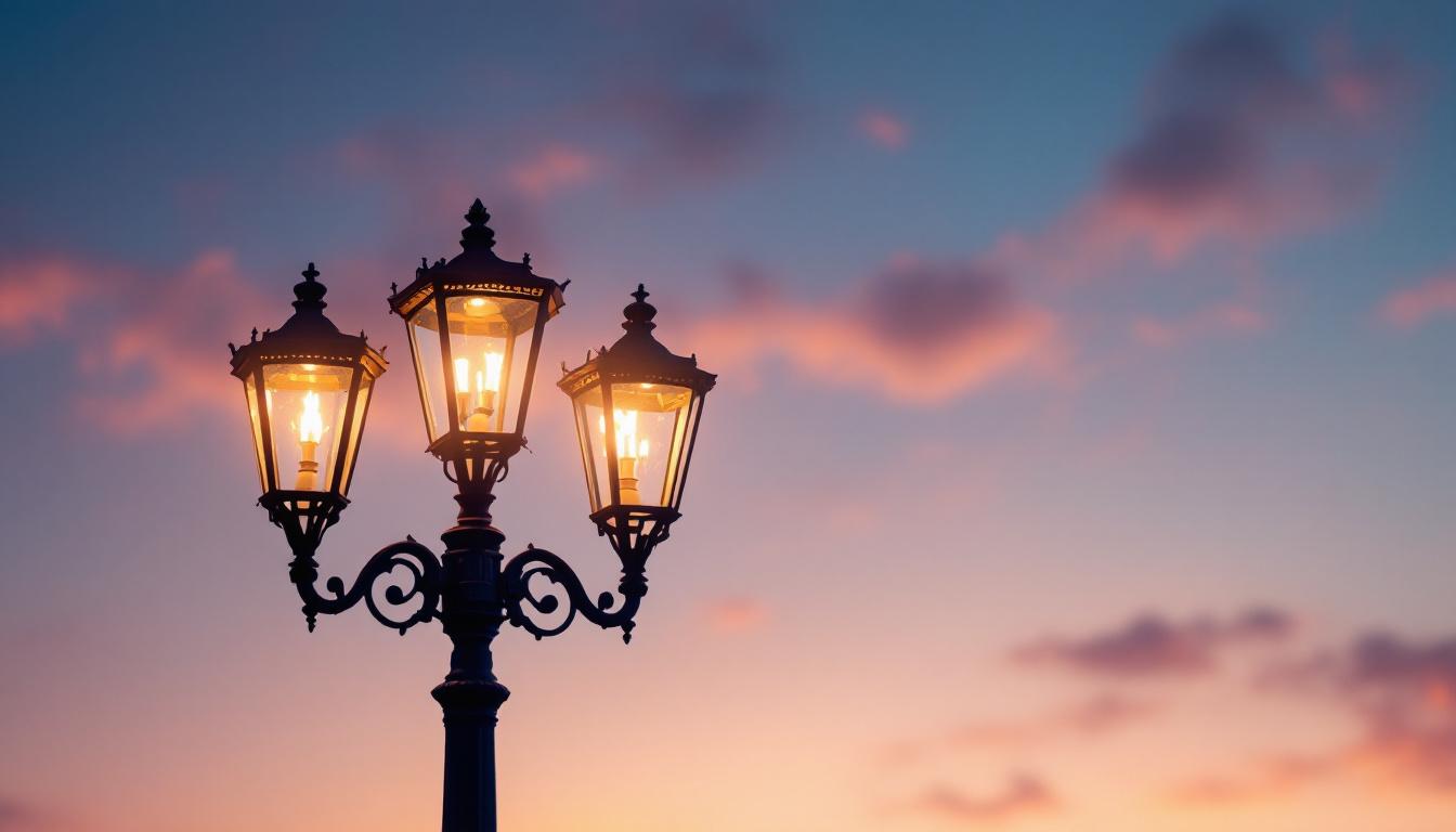 A photograph of a vintage lamp post illuminated at dusk