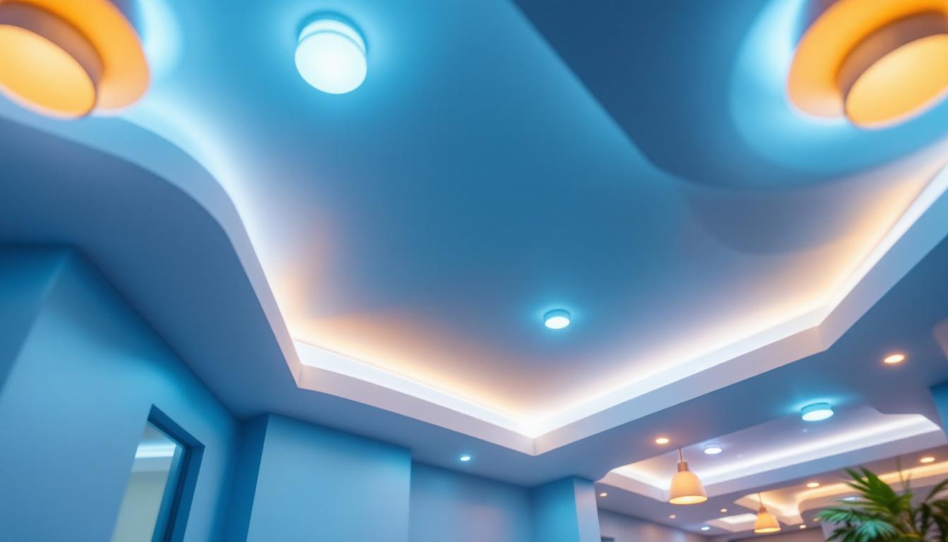 A photograph of a beautifully illuminated ceiling featuring a modern lighting design