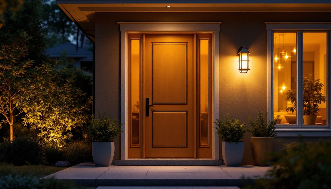A photograph of a beautifully illuminated exterior door with a stylish light fixture mounted above it