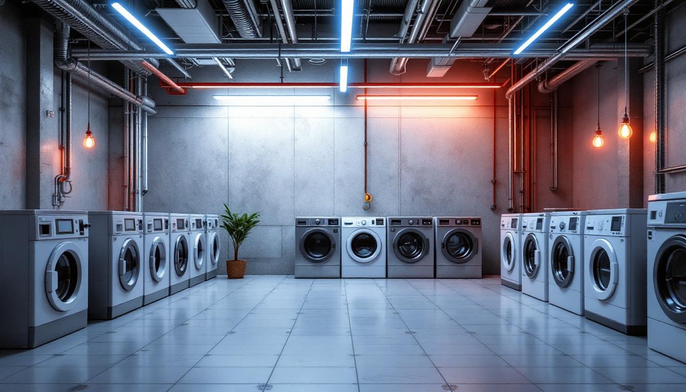 A photograph of a contrasting scene that showcases both industrial and commercial lighting designs in a laundry facility