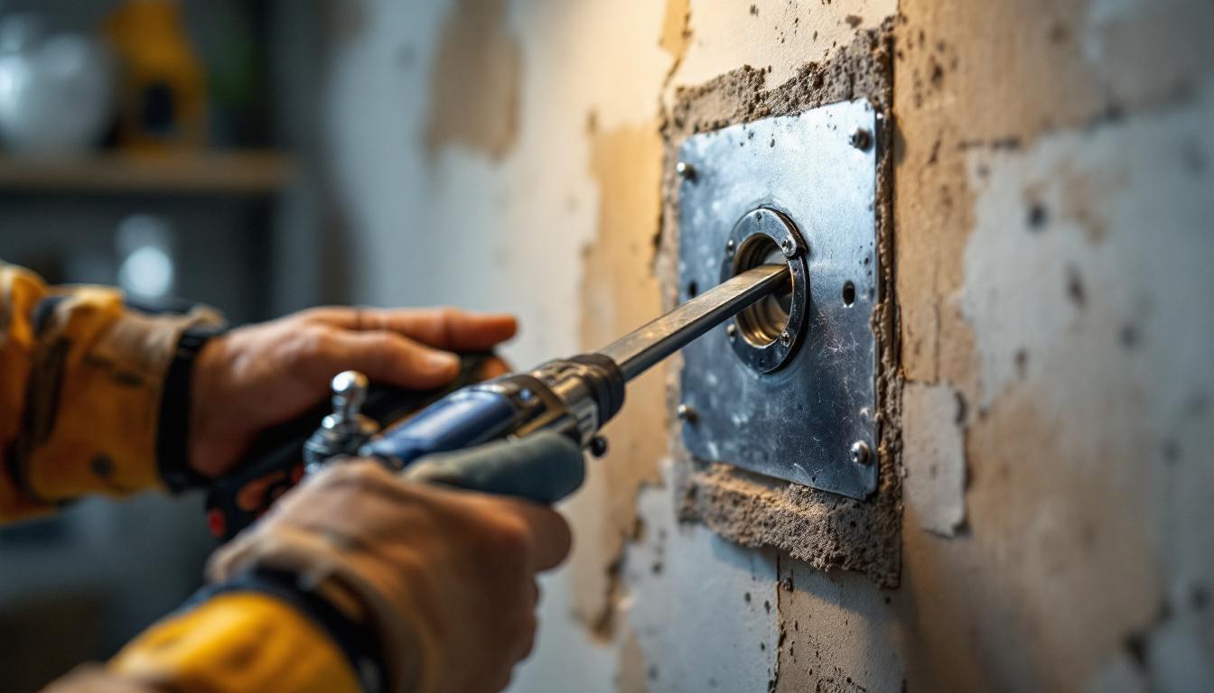 A photograph of a close-up view of a lamp mounting plate being installed on a wall
