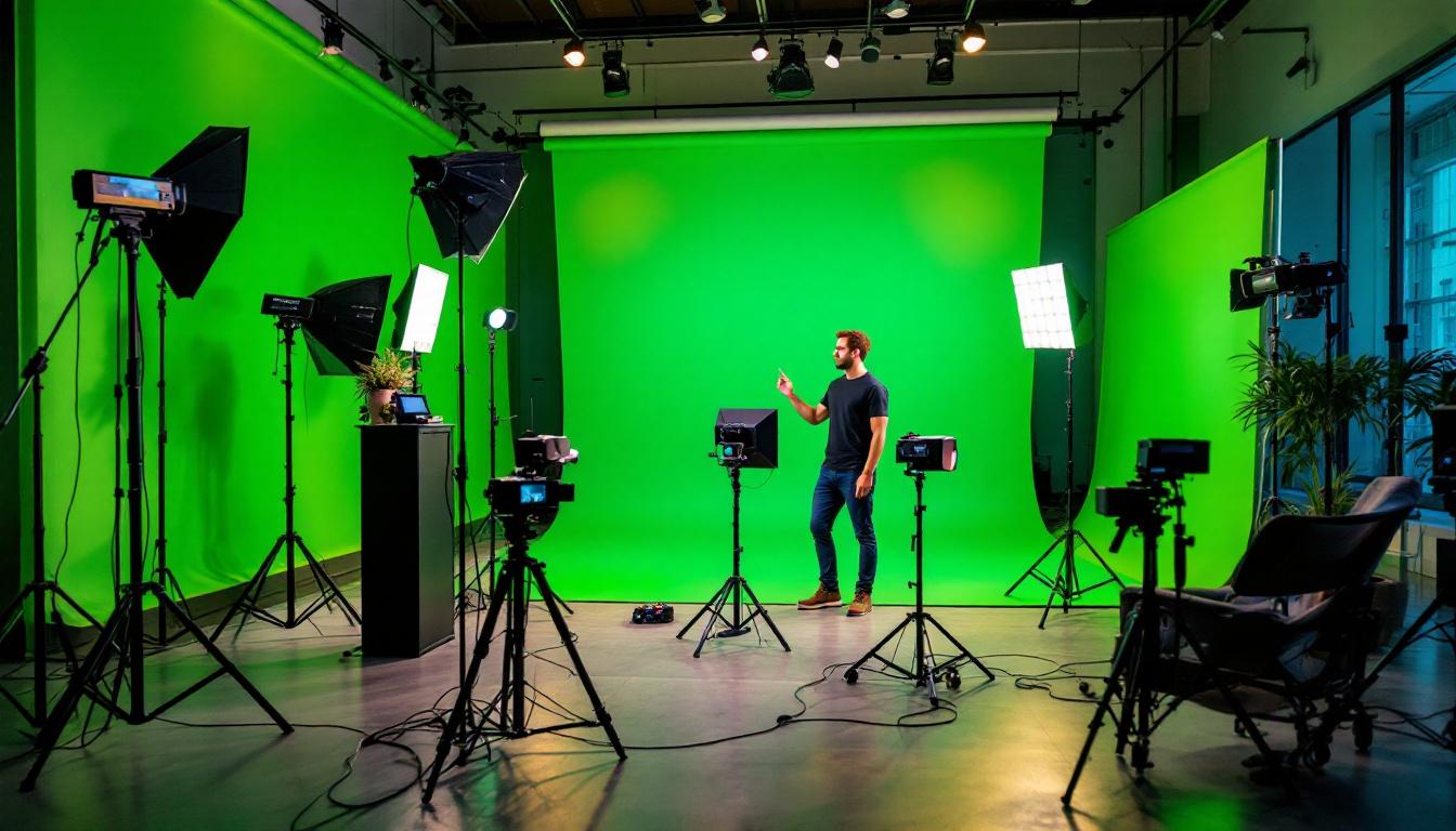 A photograph of a well-organized chroma key kit set up in a studio environment