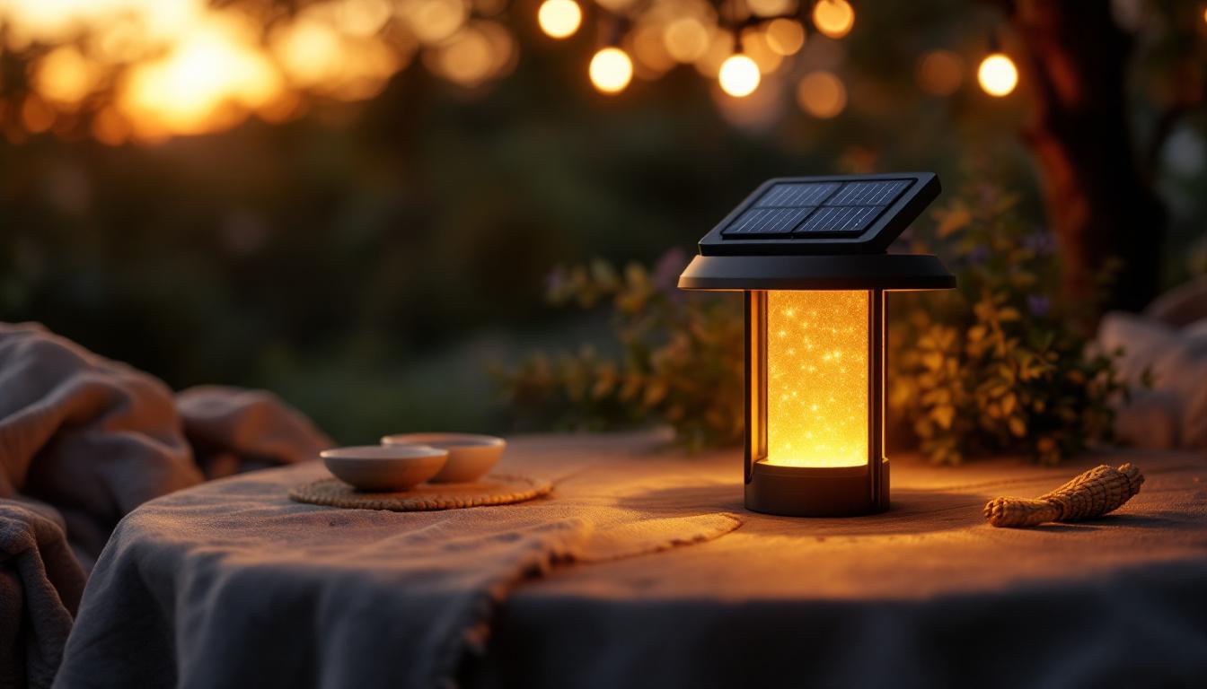 A photograph of a beautifully designed solar-powered lamp illuminating a cozy outdoor setting at dusk