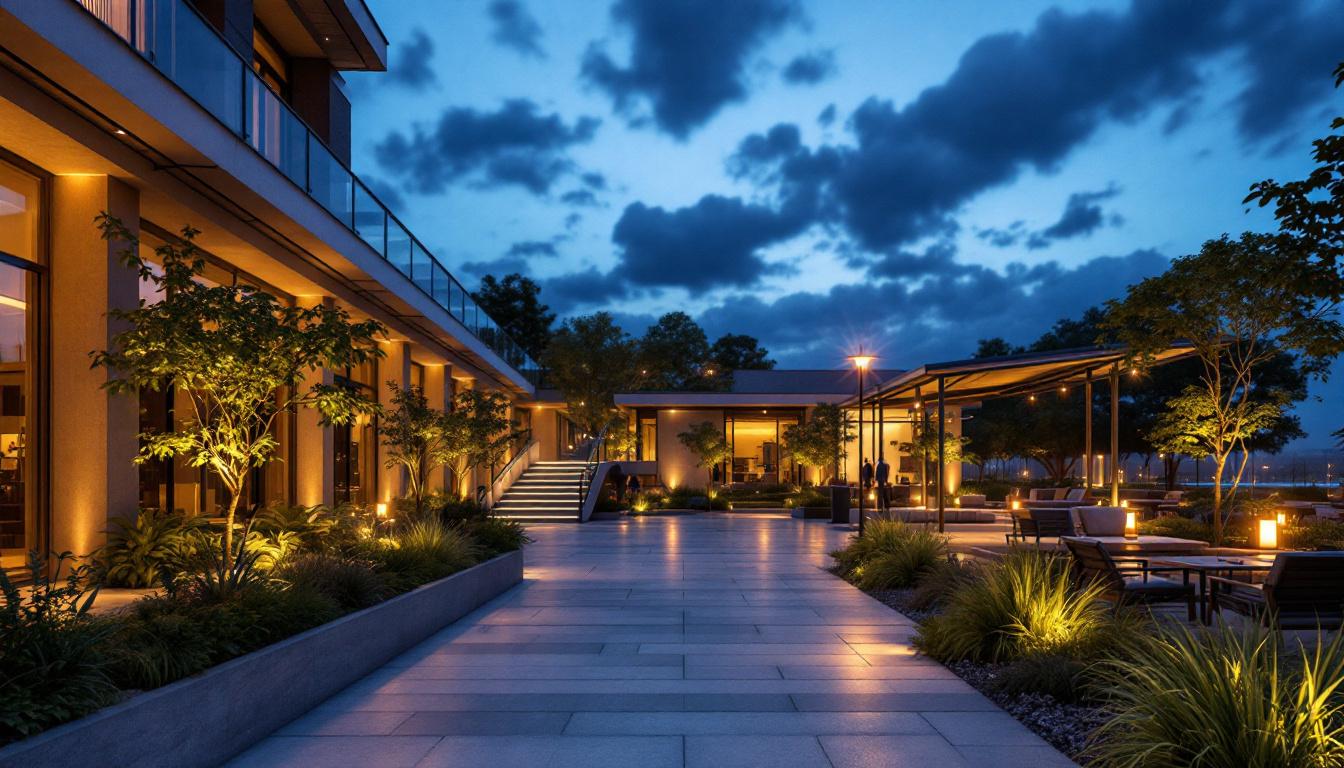 A photograph of a beautifully illuminated outdoor space at dusk