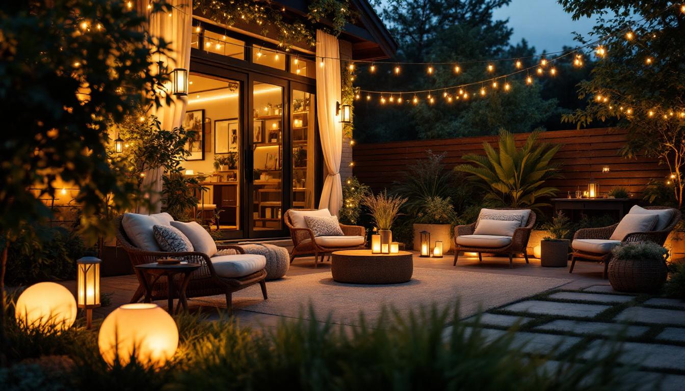 A photograph of a beautifully illuminated outdoor space featuring various types of stylish outdoor lights