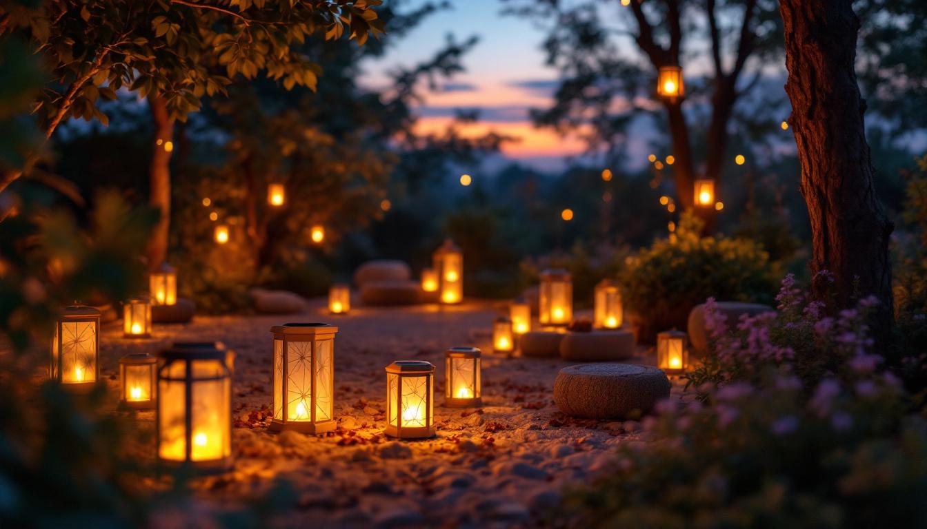 A photograph of a beautifully lit outdoor scene at dusk featuring a variety of solar-powered lanterns illuminating a cozy gathering space