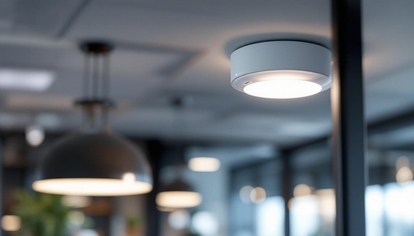 A photograph of a leviton ceiling occupancy sensor installed in a modern office or commercial space