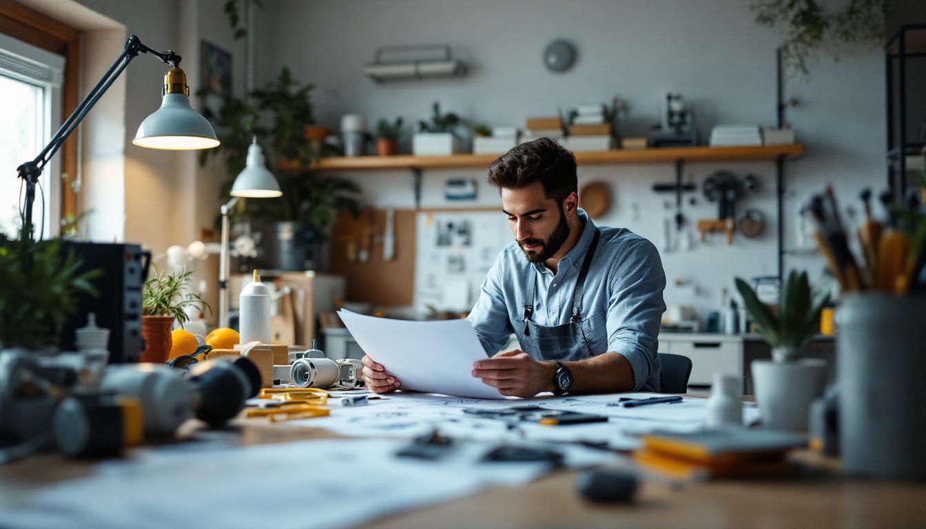 A photograph of a well-organized workspace featuring an electrical engineer reviewing lighting designs