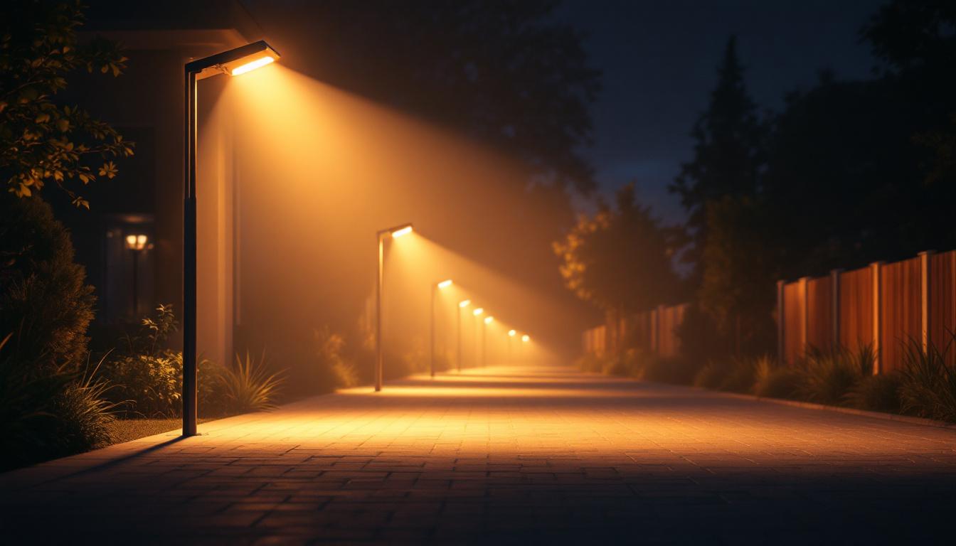 A photograph of a well-lit outdoor area showcasing various led security flood lights in action