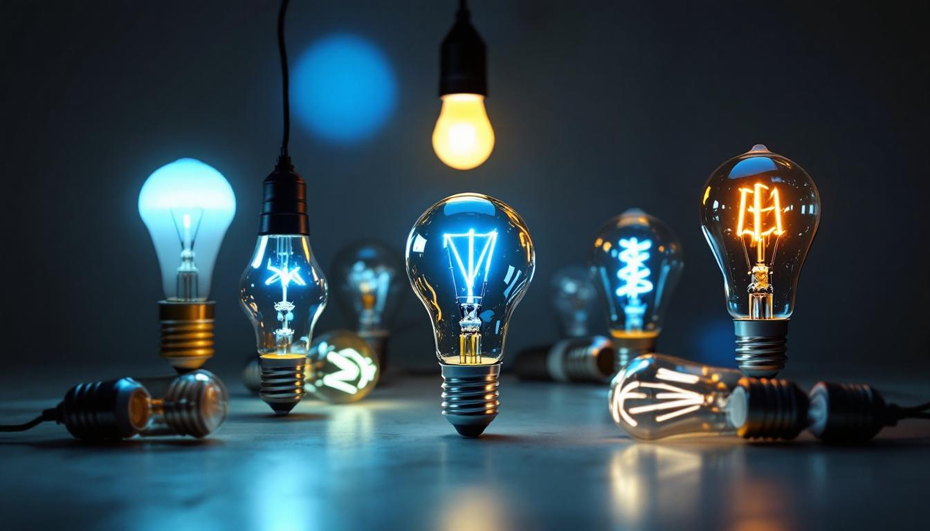 A photograph of a visually striking lighting setup that showcases a variety of lightbulb types—incandescent