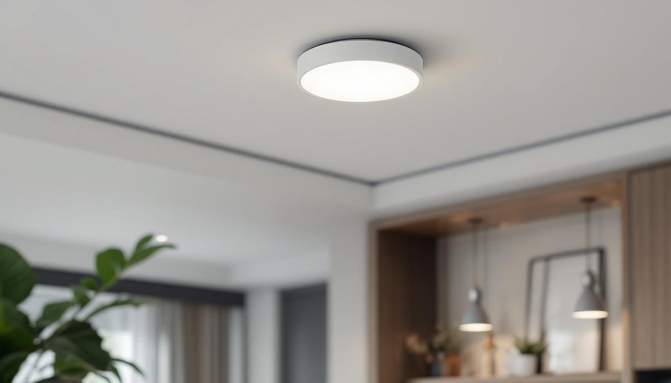 A photograph of a sleek and modern led flush mount ceiling light fixture installed in a stylish interior setting