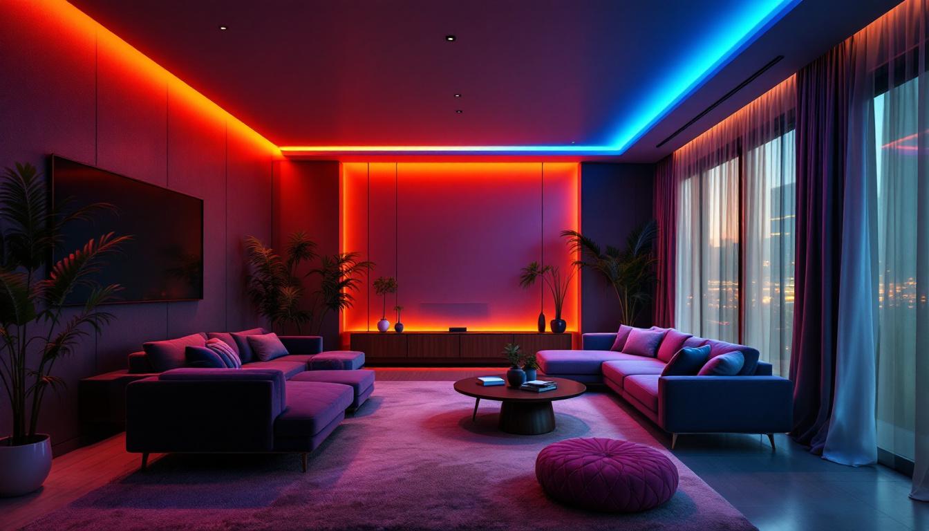 A photograph of a beautifully designed interior space featuring color-changing recessed lights in action