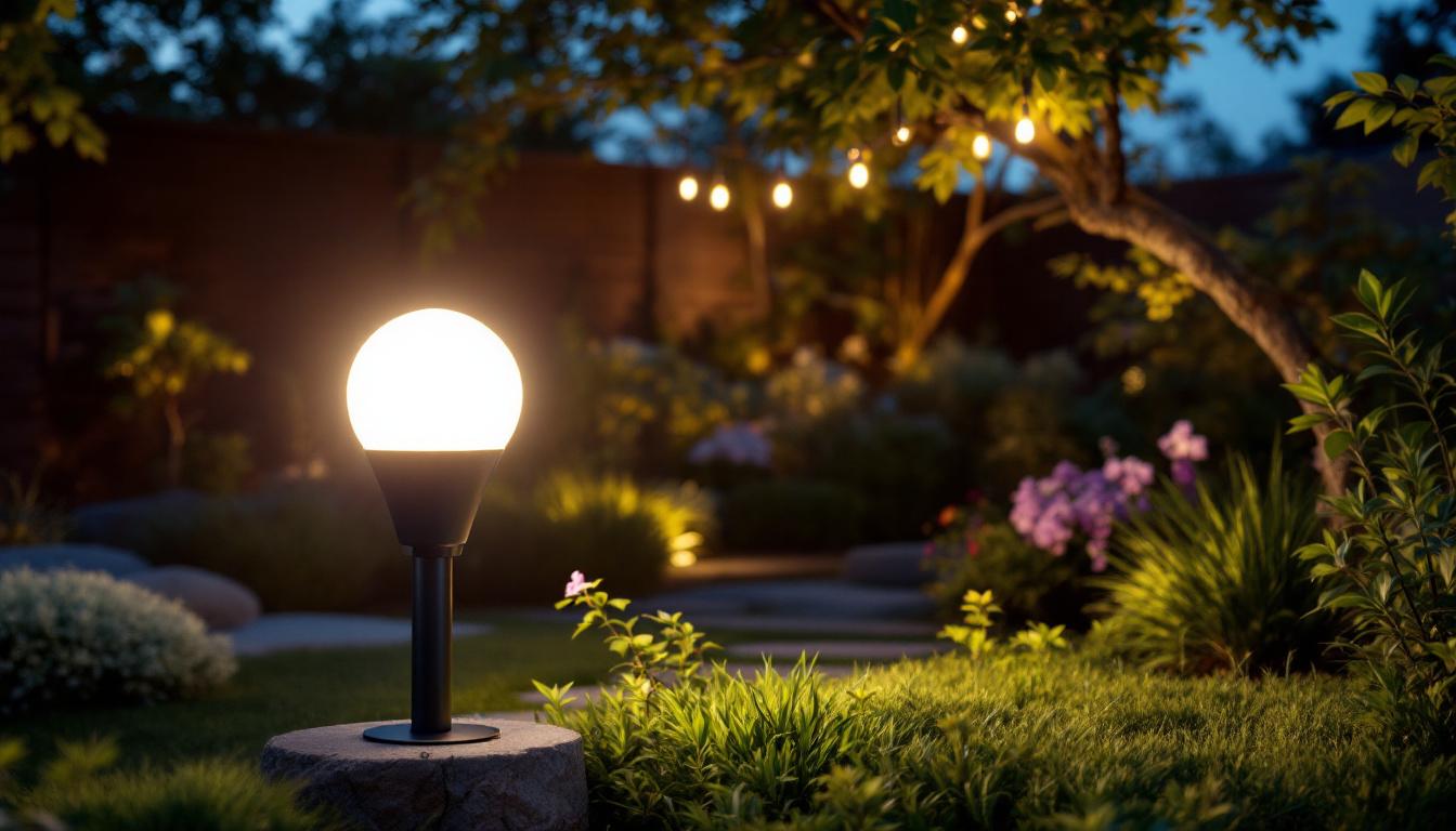 A photograph of a well-designed outdoor spotlight bulb in a beautifully landscaped garden at dusk