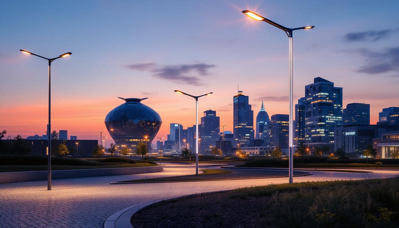 A photograph of a modern urban landscape featuring innovative lighting solutions
