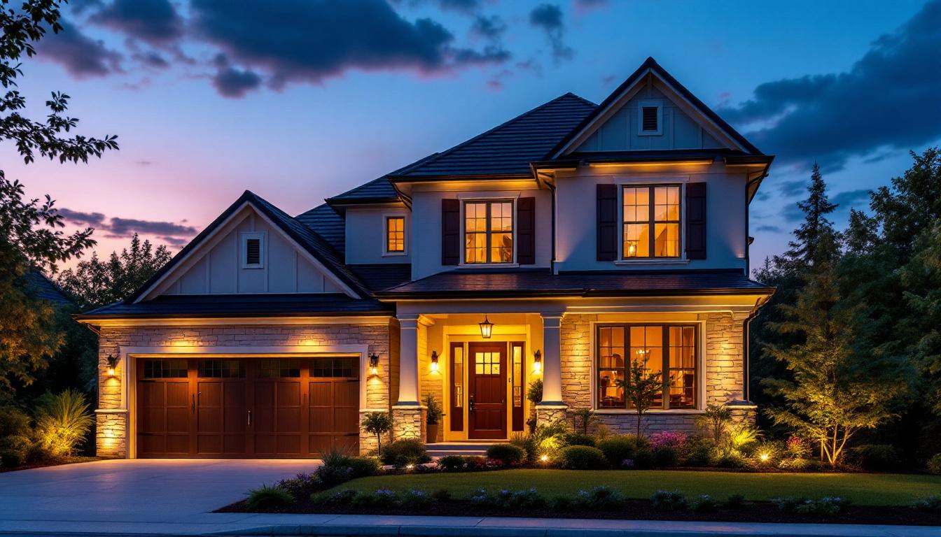 A photograph of a beautifully lit home exterior at dusk