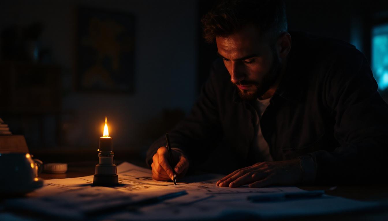A photograph of a dimly lit room with a flickering light source