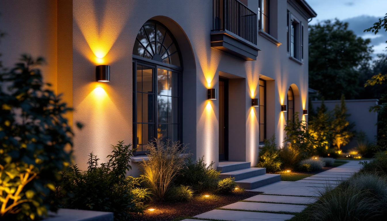 A photograph of a beautifully designed outdoor space illuminated by stylish led sconce lights