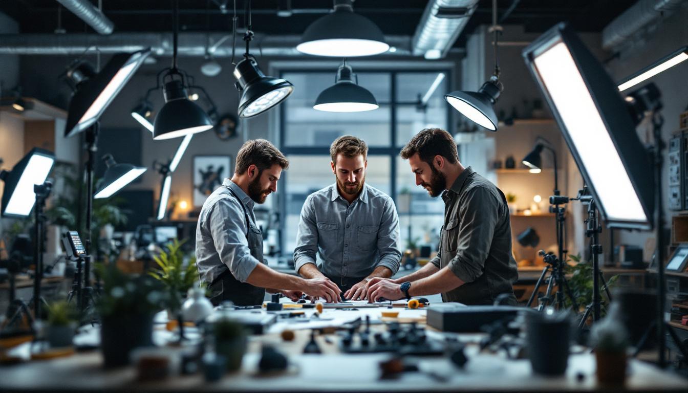 A photograph of a lighting engineer collaborating with various lighting vendors in a well-lit workspace