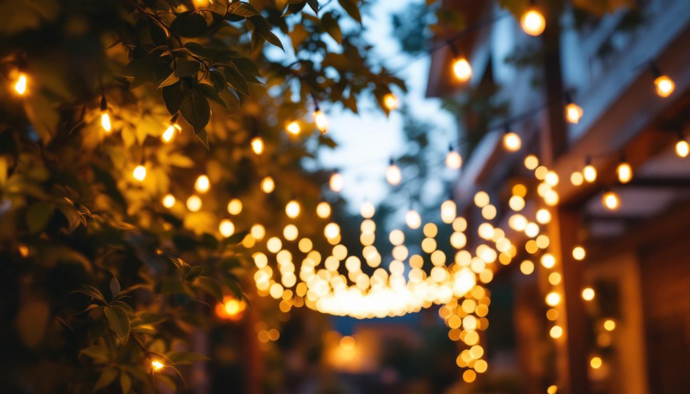 A photograph of a beautifully lit outdoor space featuring a 100-foot light string elegantly draped across trees or structures