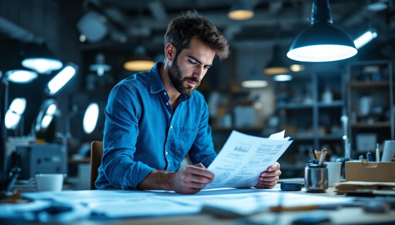 A photograph of a lighting engineer examining compliance standards in a well-lit workspace