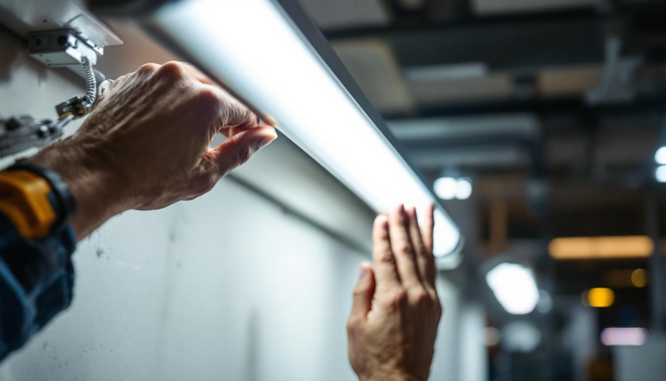 A photograph of a t8 led tube light being installed in a commercial setting
