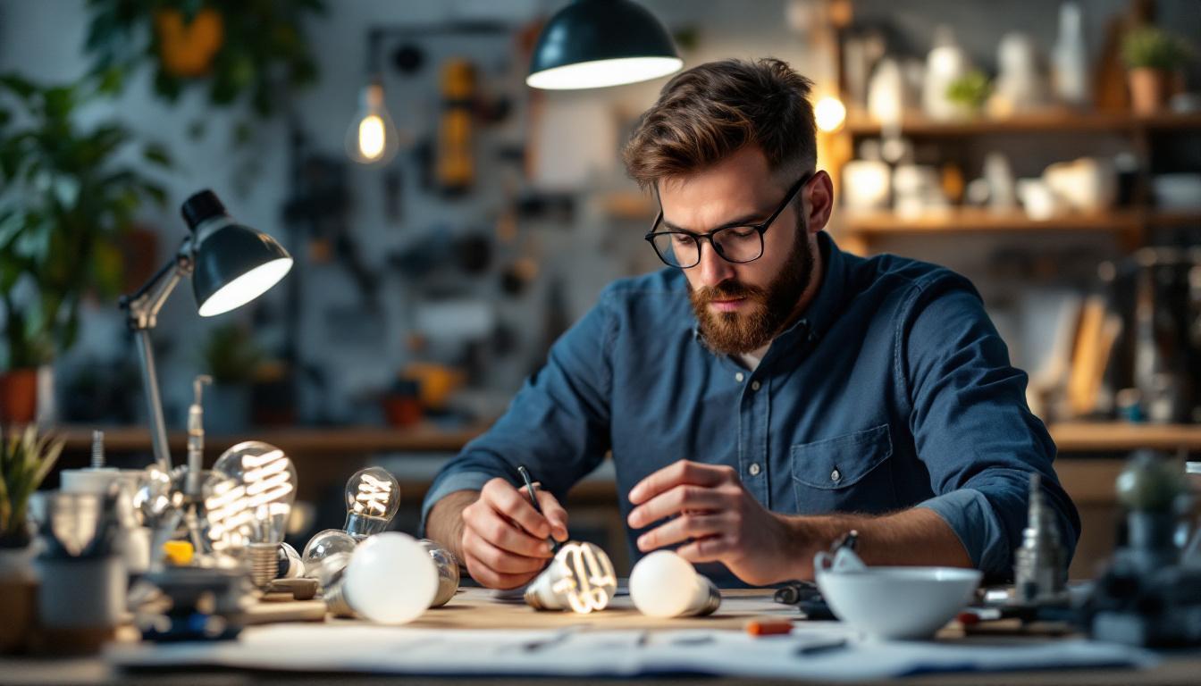 A photograph of a well-lit workspace featuring an electrical engineer examining various types of commercial light bulbs