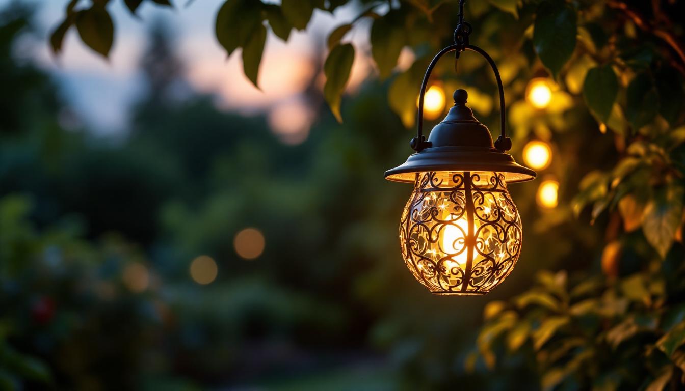 A photograph of a beautifully designed solar hanging lamp illuminated at dusk