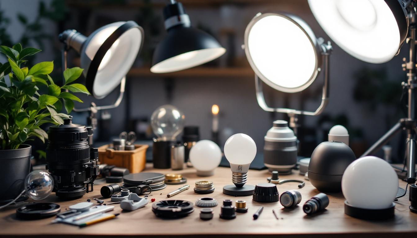 A photograph of various lighting accessories and parts