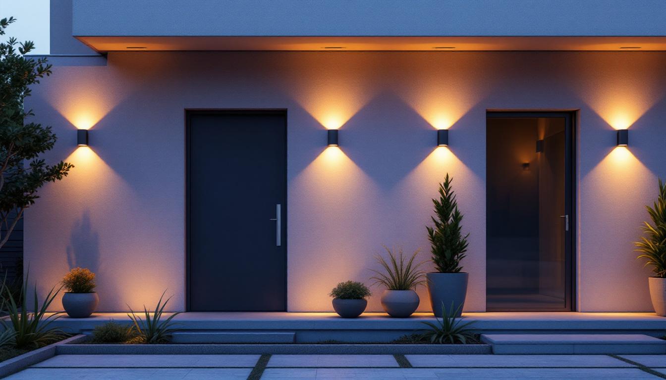 A photograph of a stylish outdoor setting featuring up/down wall lights illuminating a modern architectural facade
