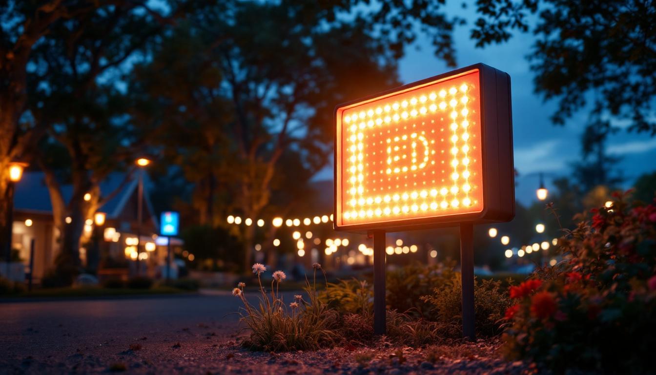 A photograph of a vibrant outdoor scene featuring illuminated led sign lights at dusk