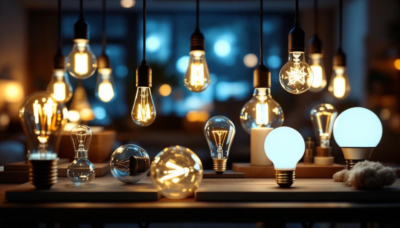 A photograph of a beautifully arranged display of various light bulbs