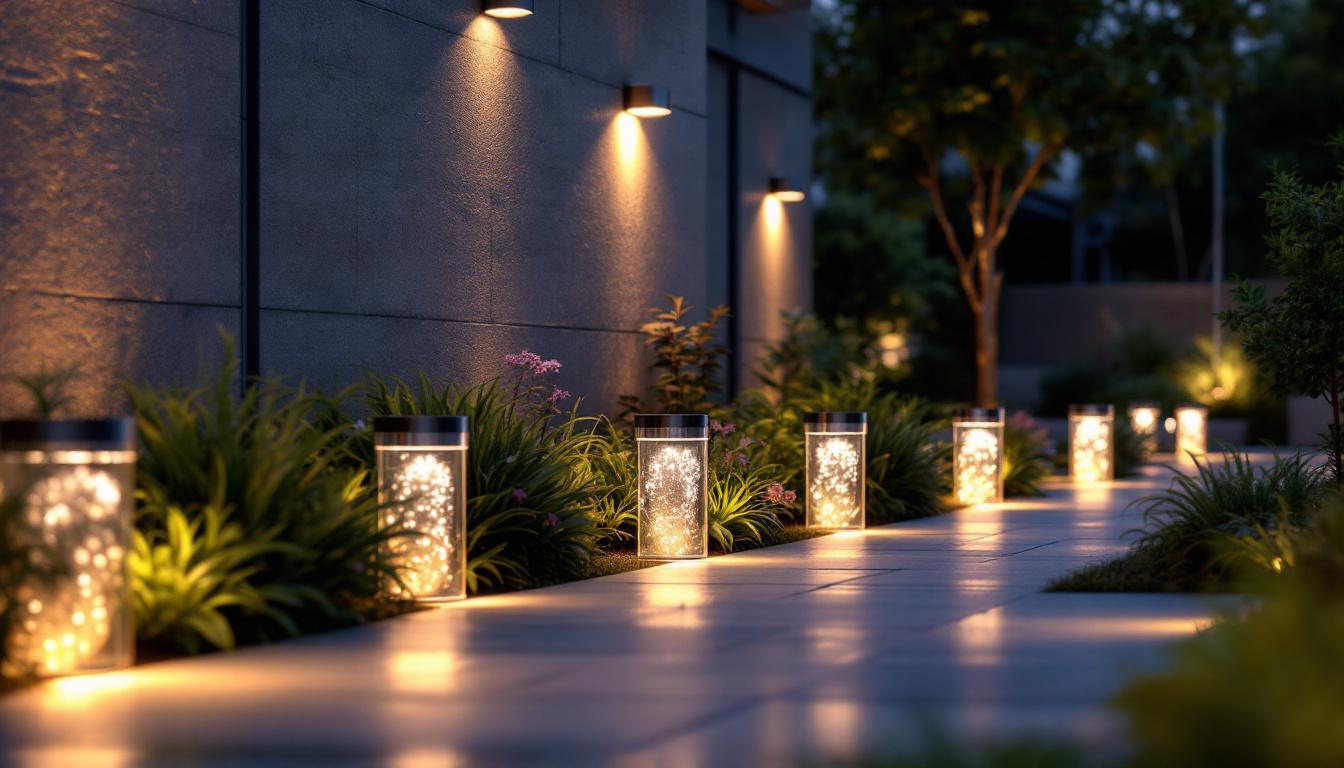 A photograph of a beautifully lit outdoor space featuring a variety of exterior led pot lights installed in a modern landscape