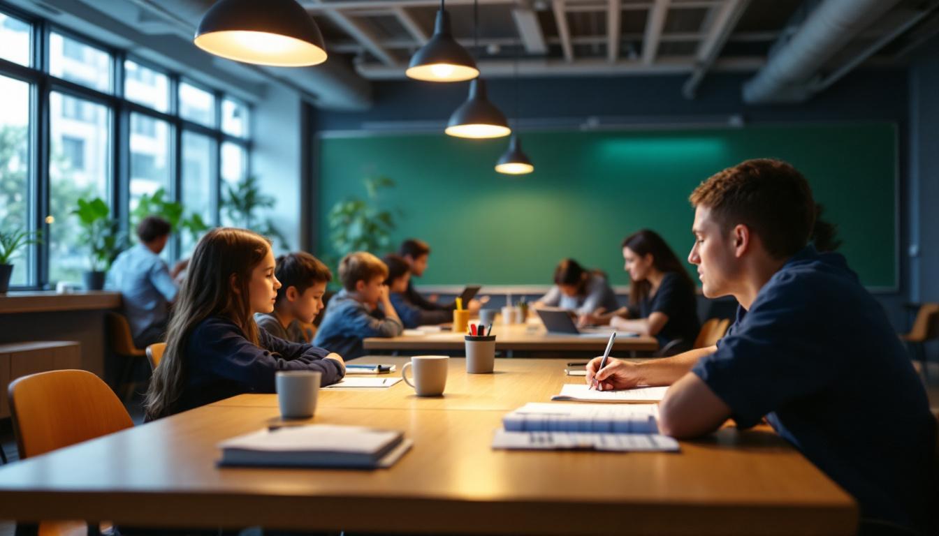A photograph of a modern classroom illuminated by bright