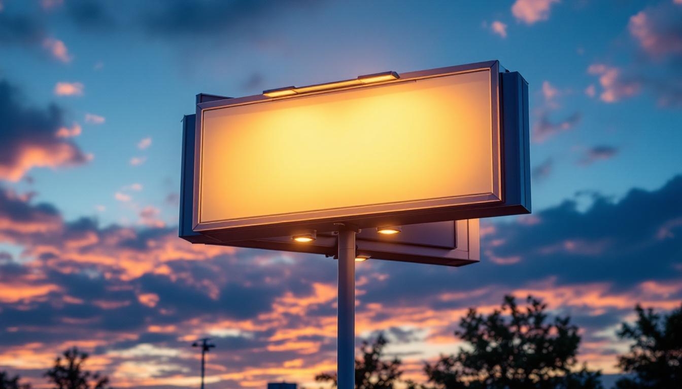 A photograph of a well-lit commercial solar sign at dusk